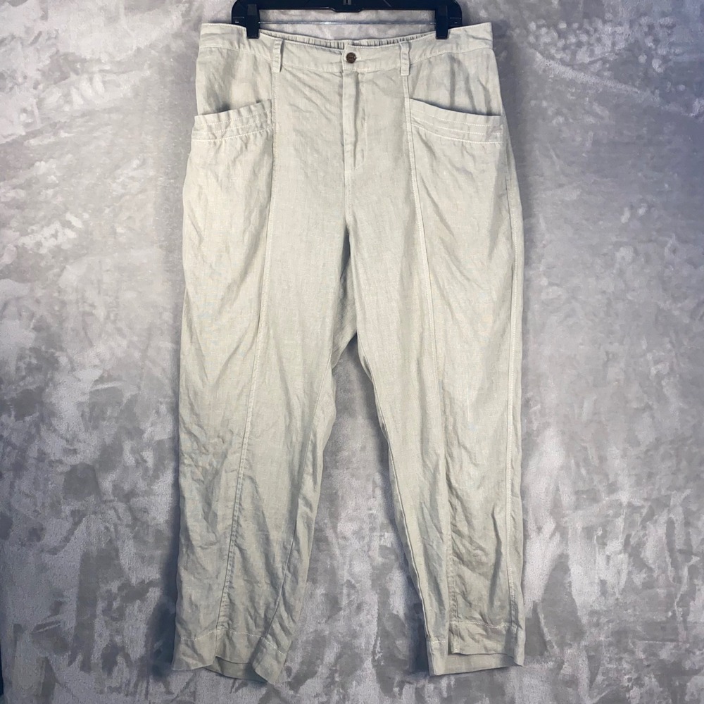Casual Linen Blend Cropped Pants Women Beige Elastic Waist Pockets‎ Size L